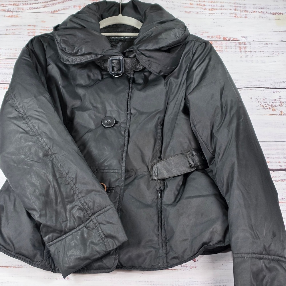 Kenneth Cole Puffer Jacket Women L Black Good Down Fill Leather Trim Funnel Neck